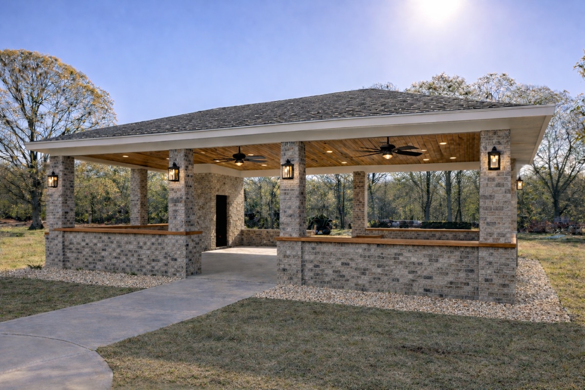 Covered brick outdoor living pavilion built by LC General Contracting